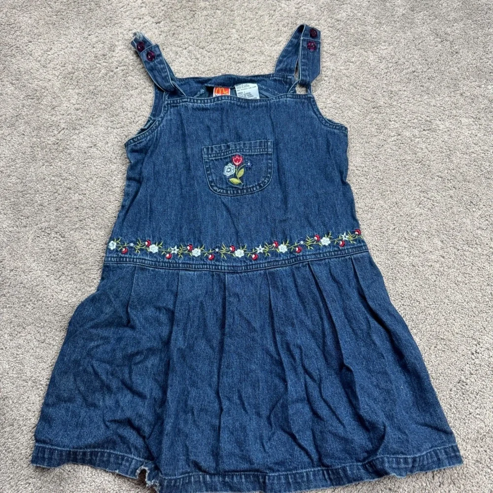 Vintage McKids McDonalds Girls Size 7 Embroidered Denim Jumper Dress Flowers Y2K